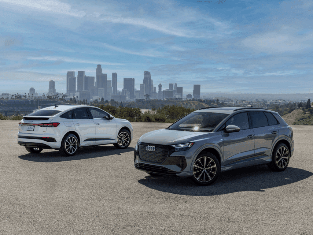 Audi Q4 etron pair parked with city behind