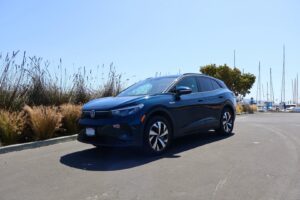 full view of blue volkswagen ID4 in sausalito california