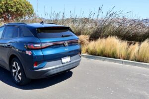 back view of blue volkswagen ID4 in sausalito california