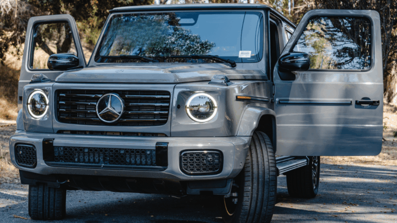The Mercedes G580 Electric G-Wagen electric car parked with doors open